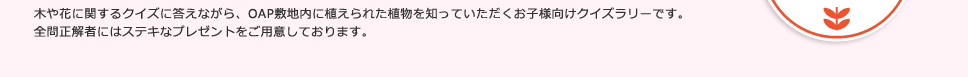木や花に関するクイズに答えながら、OAP敷地内に植えられた植物を知っていただくお子様向けクイズラリーです。
全問正解者にはステキなプレゼントをご用意しております。