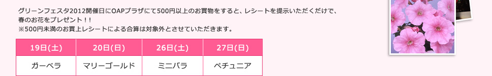 グリーンフェスタ2012開催日にOAPプラザにて500円以上のお買物をすると、レシートを提示いただくだけで、
春のお花をプレゼント!!※500円未満のお買上レシートによる合算は対象外とさせていただきます。